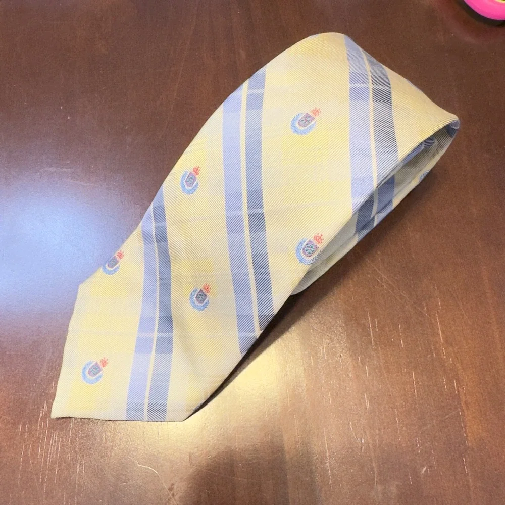 1417 | Harve Benard Silk Plaid Crest Embroidered Necktie Yellow Blue Mens OS
